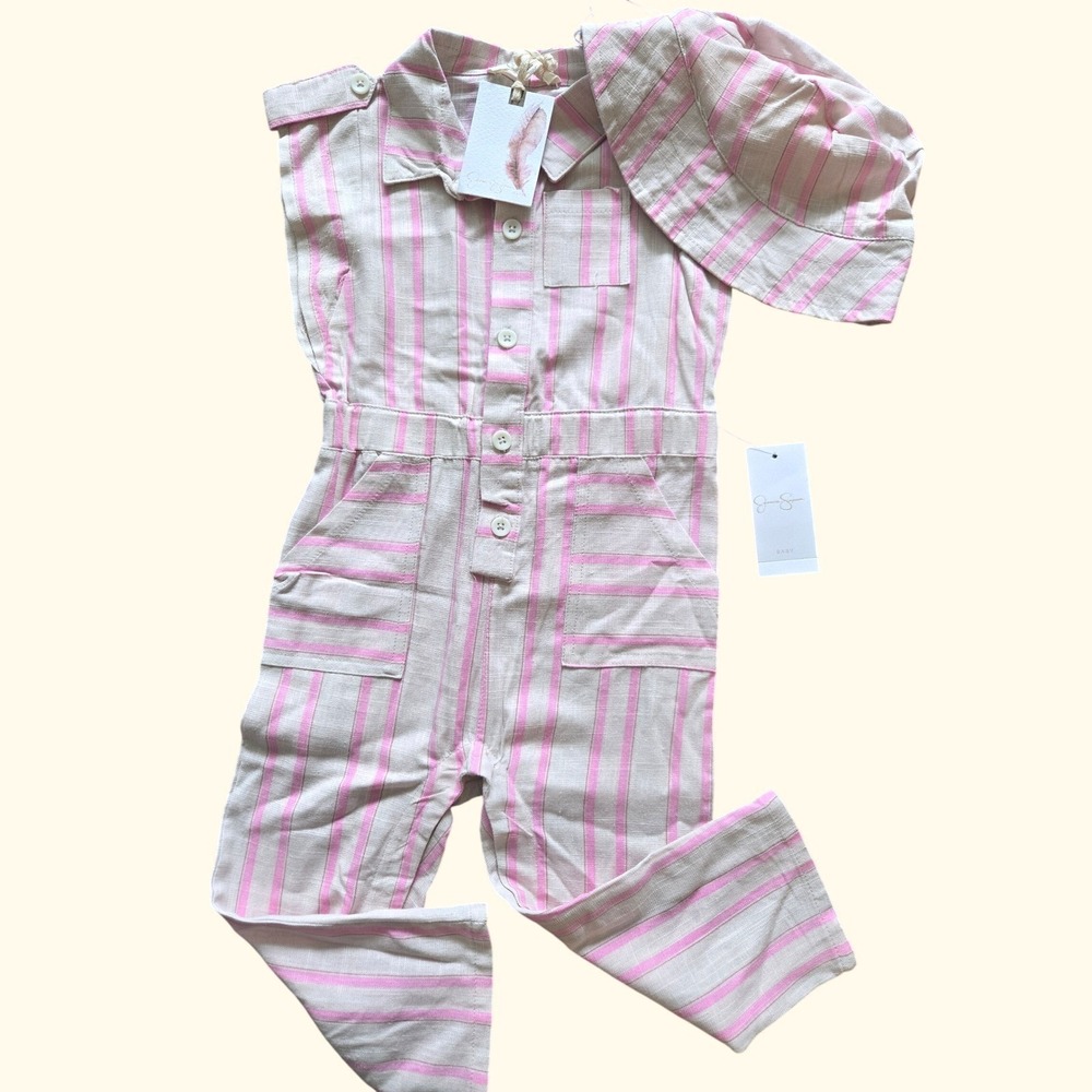 Jessica Simpson Baby Pink Striped Linen Blend Jumpsuit and Hat Set 24M RD420JSH